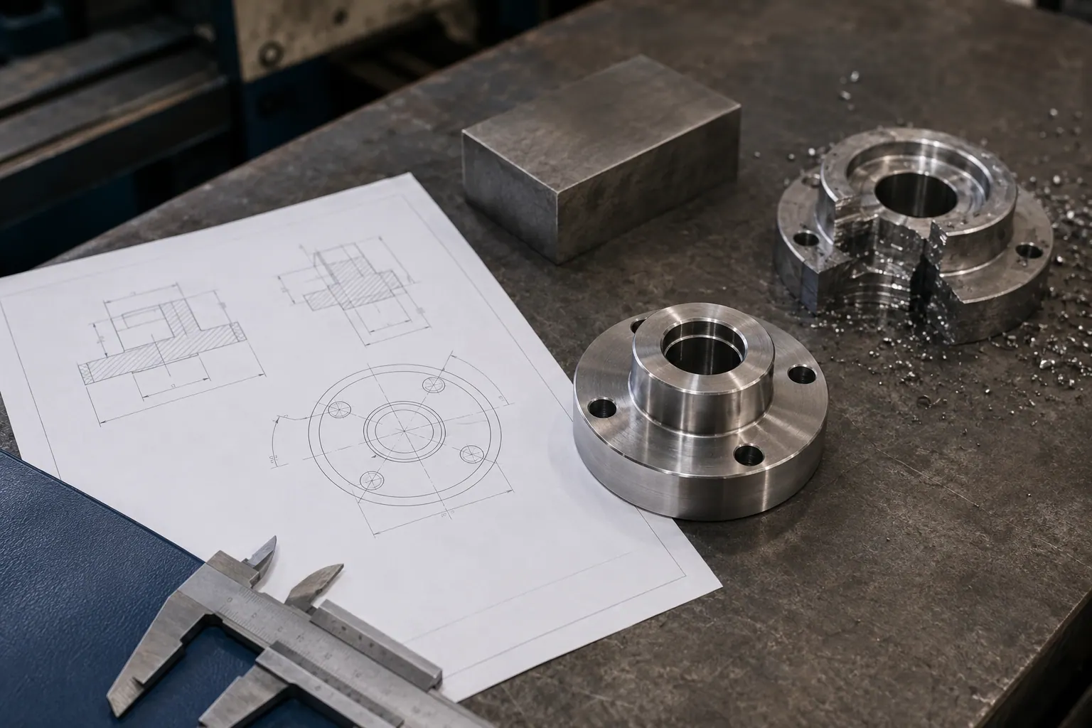 Technical drawing beside a completed custom part
